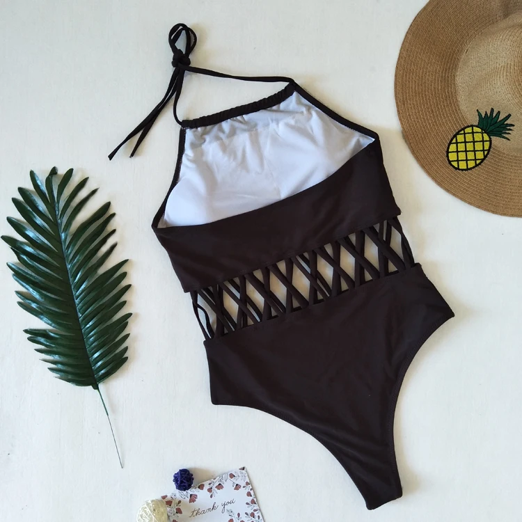 Solid color black white navy halter lace up bikini lady sexy high waisted swimming suit