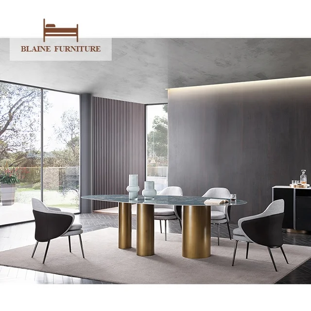 Italian Modern Oval Dining Table Set Esstisch Luxury Marble High End Factory Travertine Stone Marble Dining Table