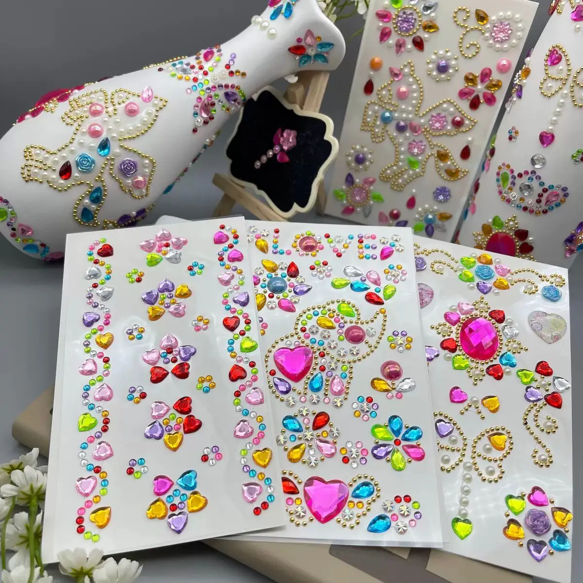 8Sheets/Set 3D Diamond Sticker Acrylic Crystal Butterfly Love Crown Flowers DIY Sparkly Rhinestone Crafts Paste Decoration