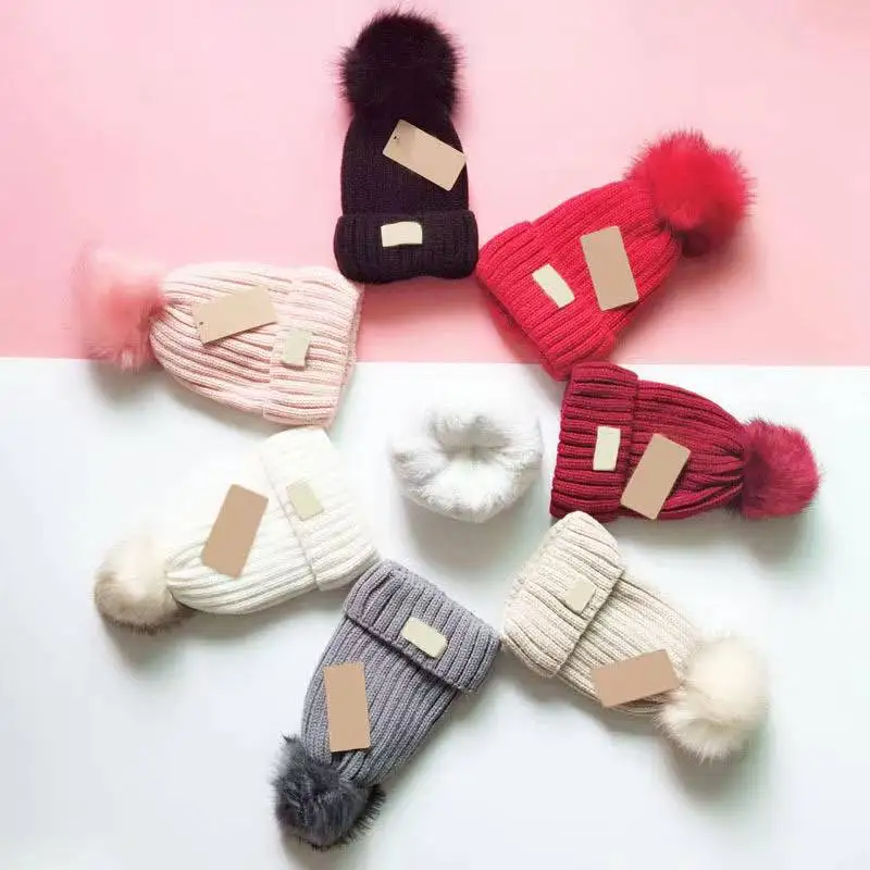 with tag package Women winter pom poms fur ball hat knitted beanies brand designer