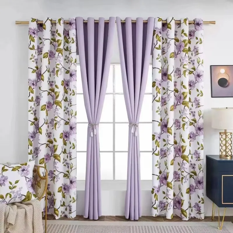 Yellow Navy Blue Solid Color Mix Flower Waterproof Rod Pocket Grommet Living Room Curtains