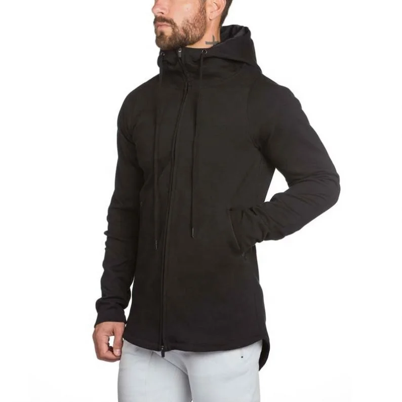 Knee length mens zip up drop tail hoodie with zipper pocket