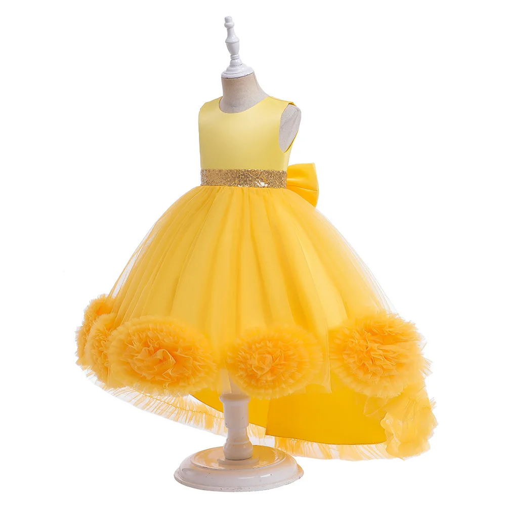 Fashion Girl Princess Dress Mesh Gauze Flowers Puffy Lace Vest Drag Tail Piano Party Birthday Dress