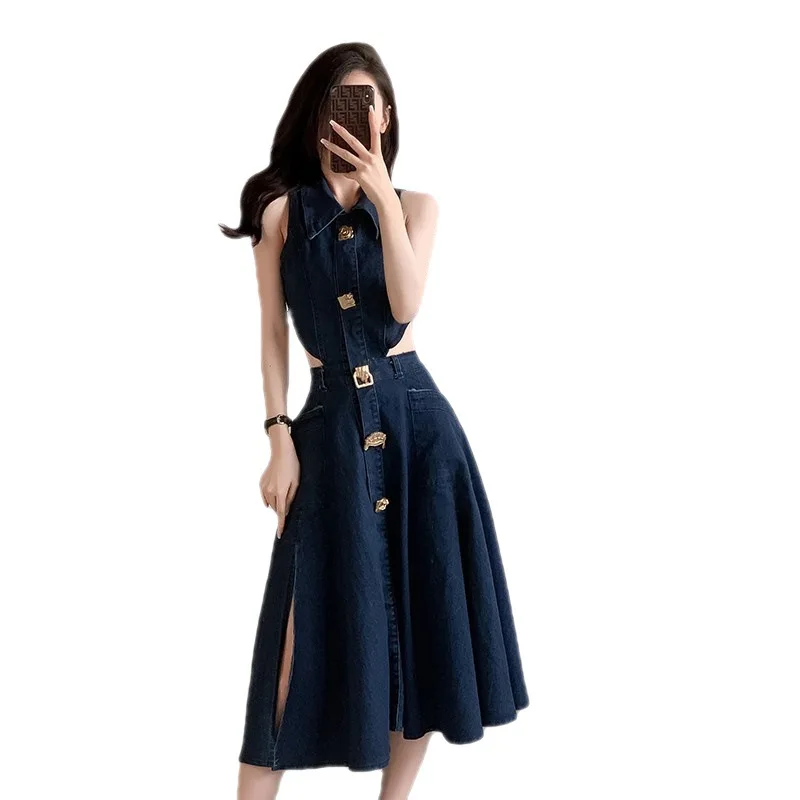 Vintage Slit Casual Midi Dress For Women Empire Hollow Out Denim Dress