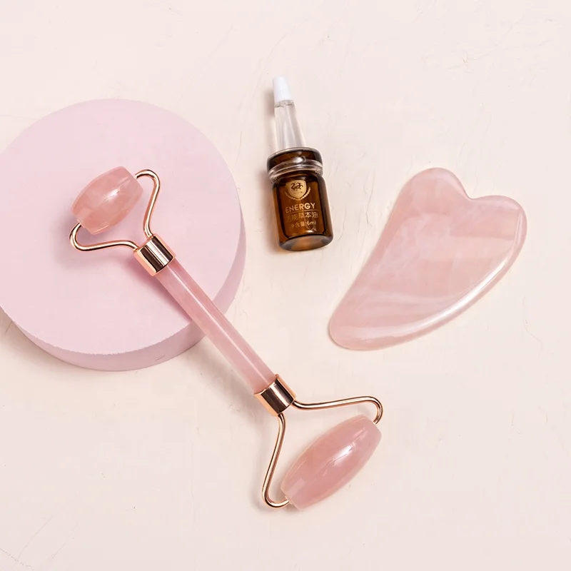 
Natural Jade Stone Crystal Facial Beauty Face Massage Roller Double Headed Jade Roller Gua Sha Set 