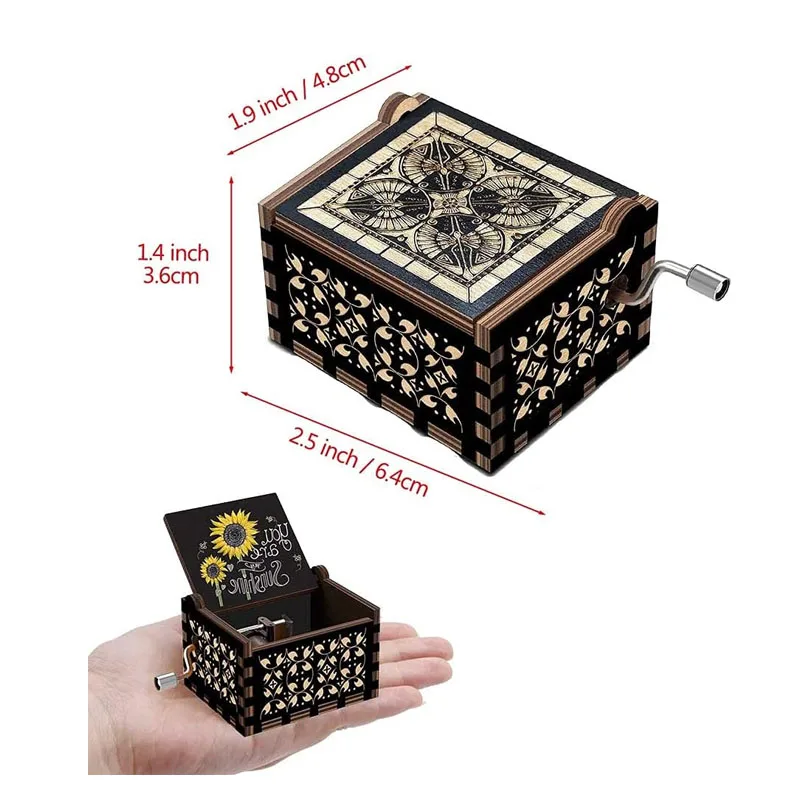 Black Music Box Gift Wood Music Box Vintage Hand Crank Wood Engraved Small Personalized Black Musical Box Gift Kids Toy Present
