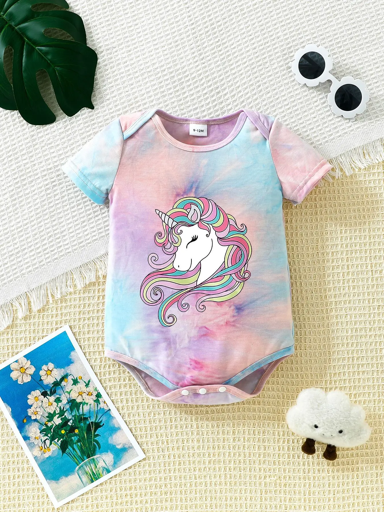 Summer Baby Girls Clothing Zebra Cartoon Printing Tie Dyeing Cute Unicorn Rainbow Romper