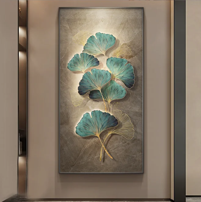 Modern Luxury Ginkgo Leaf Plant with LED Light Diamond crystal porcelain painting wall art frame home decor luxury
