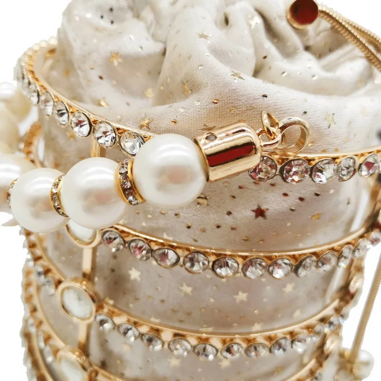 
Fashion Shinny Luxury Party Women Pearl Rhinestone Chains Bucket Metal Evening Handbag Clutch Bag Crystal Wedding Handbags 