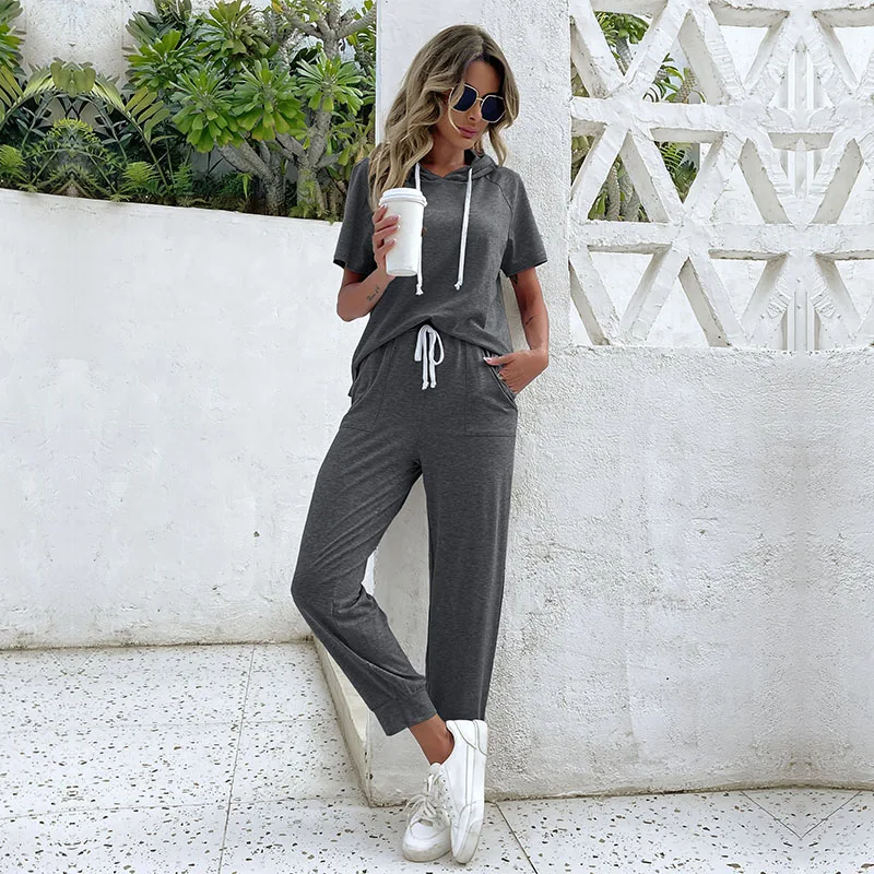 2 Piece Set Women Summer 2023 Custom Short Sleeve Hoodies Female Casual Solid Color Sport Clothing