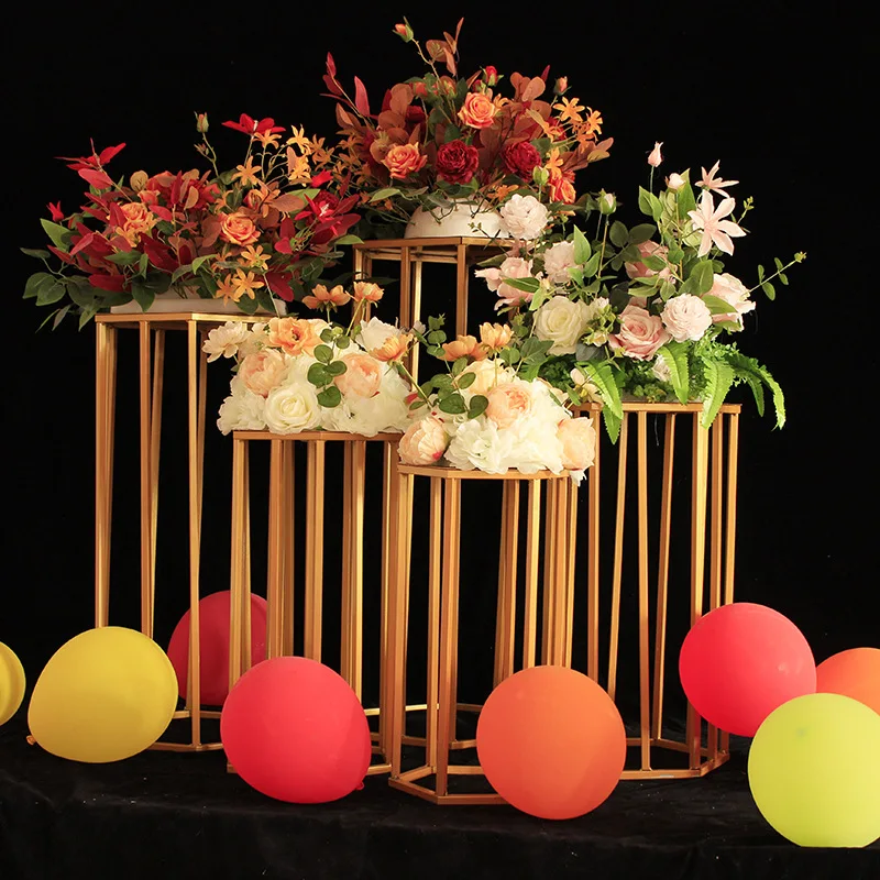 Wedding Table Decorations Hexagon Tall Gold Metal Flower Stand Wedding Centerpiece Decoration