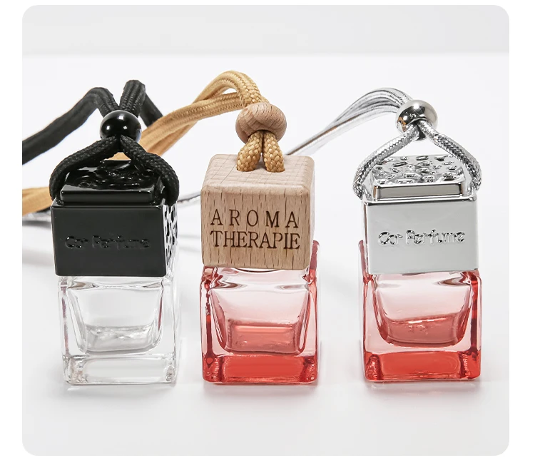 Wholesale Refilling Square Hanging Empty Air Freshener Wooden Cap Glass Car Perfume Bottle 8ml