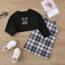 J&H 2022 girls kids summer chic black Little Bear caftan and grid printed slip dress sets 2 piece outfits lovely toddler clothes