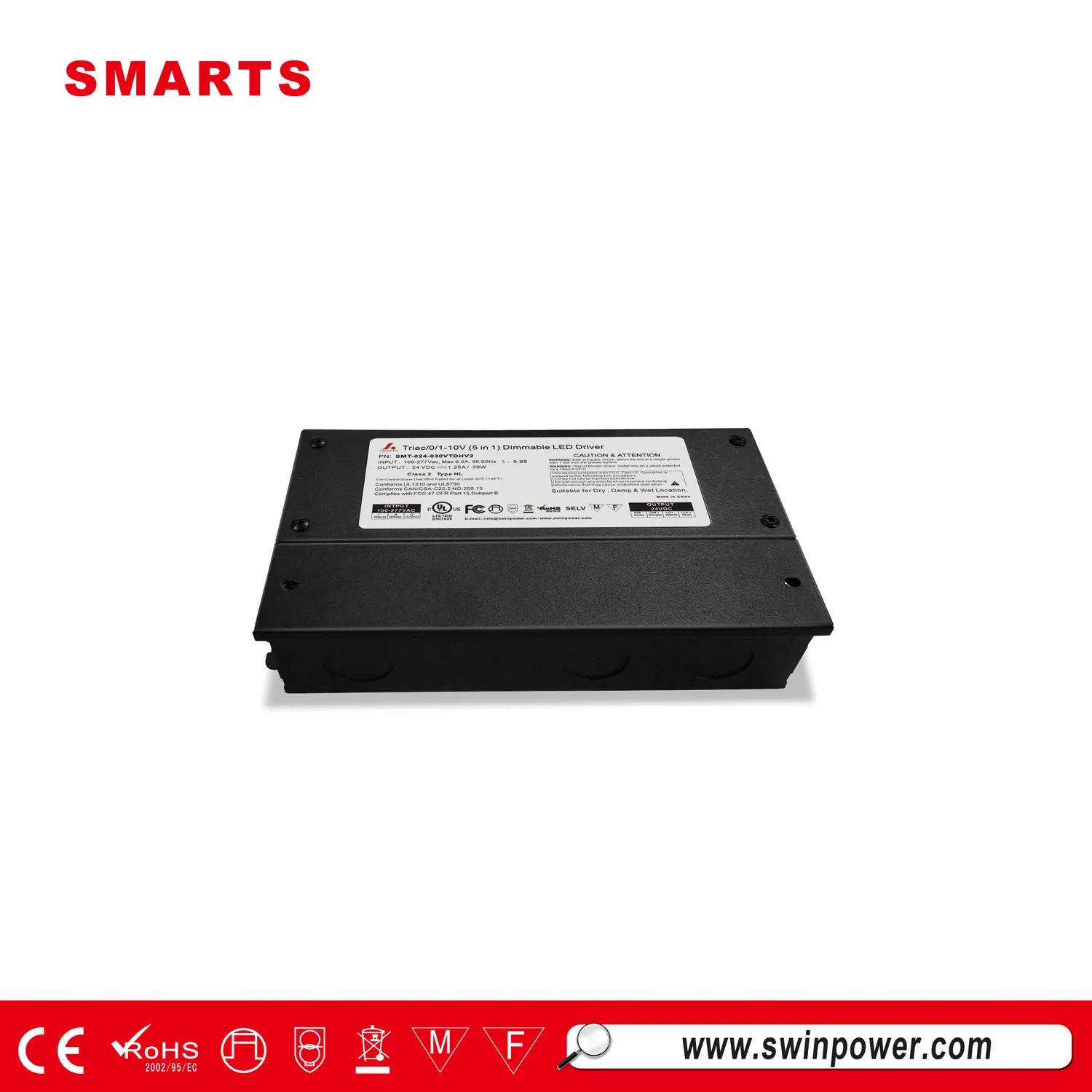 Светодиодный источник питания 30 Вт 24 В Triac/0-10 В/1-10 В/потенциометр/10 PWM (5 в 1) Диммируемый светодиодный драйвер