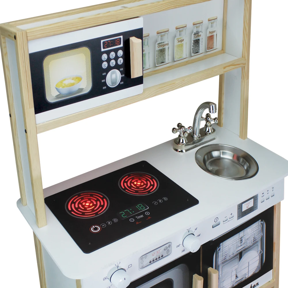 Customized Led Light Wood Kitchen Toy Set Kid Children Girl Pretend Play Game Functional Wooden Kitchen Toys Sets