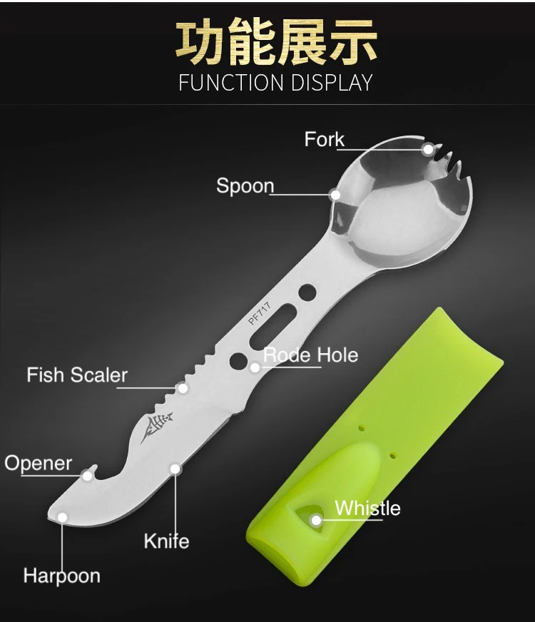 Multifunctional Camping Spork Stainless Steel Spoon Fork Knife Combo Utensil with Bottle Opener/Emergency Whistle/Saw To blade