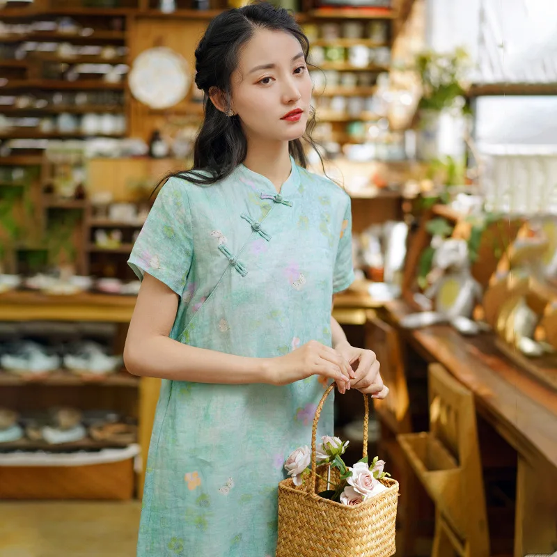 Custom Chinese Linen Dress cheongsam Robes Soft Cotton Linen Print Floral Frog Button Vintage Women Casual Midi Dress