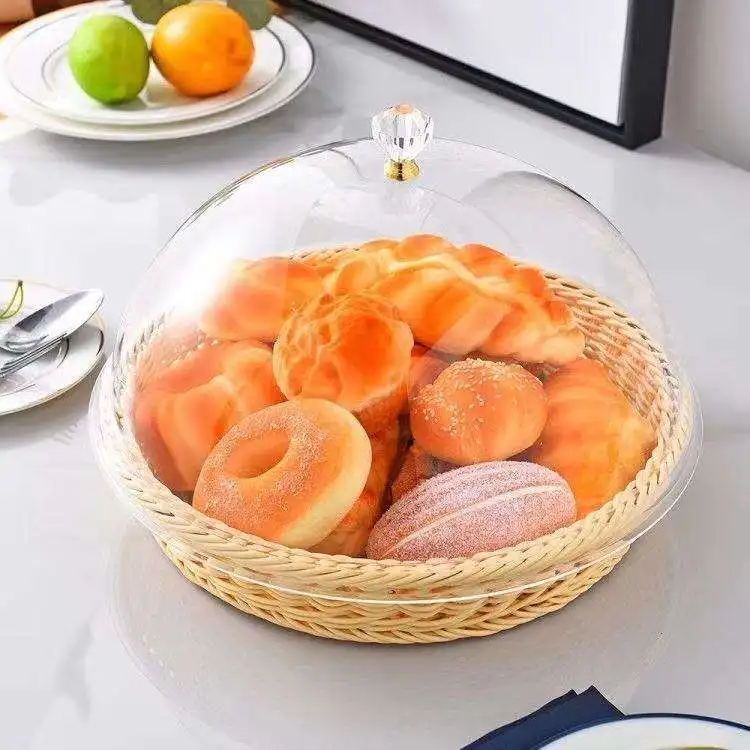 Desk Bread Organizer Basket Tray Stackable Kitchen Woven Japanese Style Hollow Fruit Plastic  PP Rattan Storage Baskets with Lid