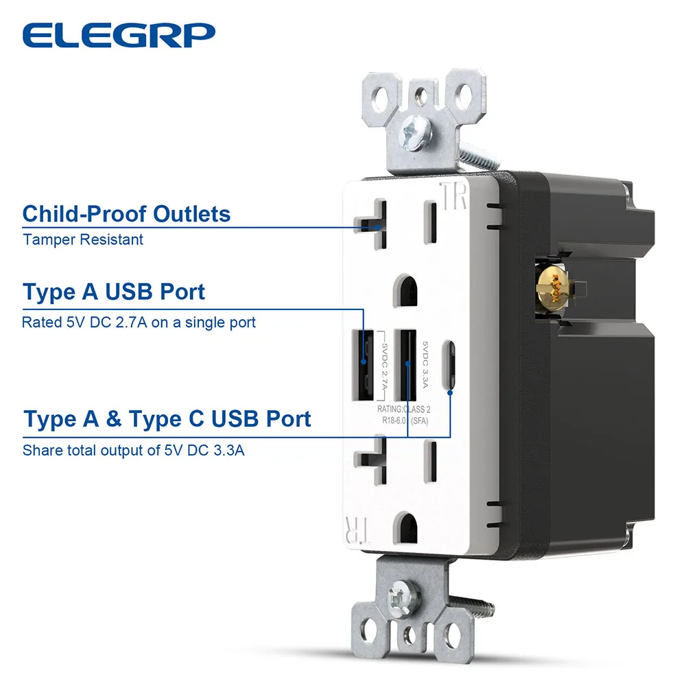 ELEGRP 6.0 Amp USB Charger Dual USB A&C por 20 Amp NEMA 5-15R In-wall Outlet 3 ports USB Receptacle Outlet