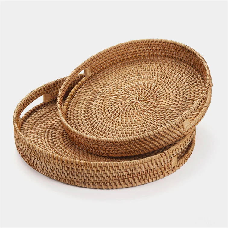 Rattan Tea Tray Set Cane Food Oval Round Bread Table Fruit Woven India Basket Wicker Bamboo Dining Coffee Large Trays Square
