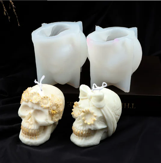 12806 DIY Resin Halloween Silicone Candle Mold Skull with Flowers Candle Mold