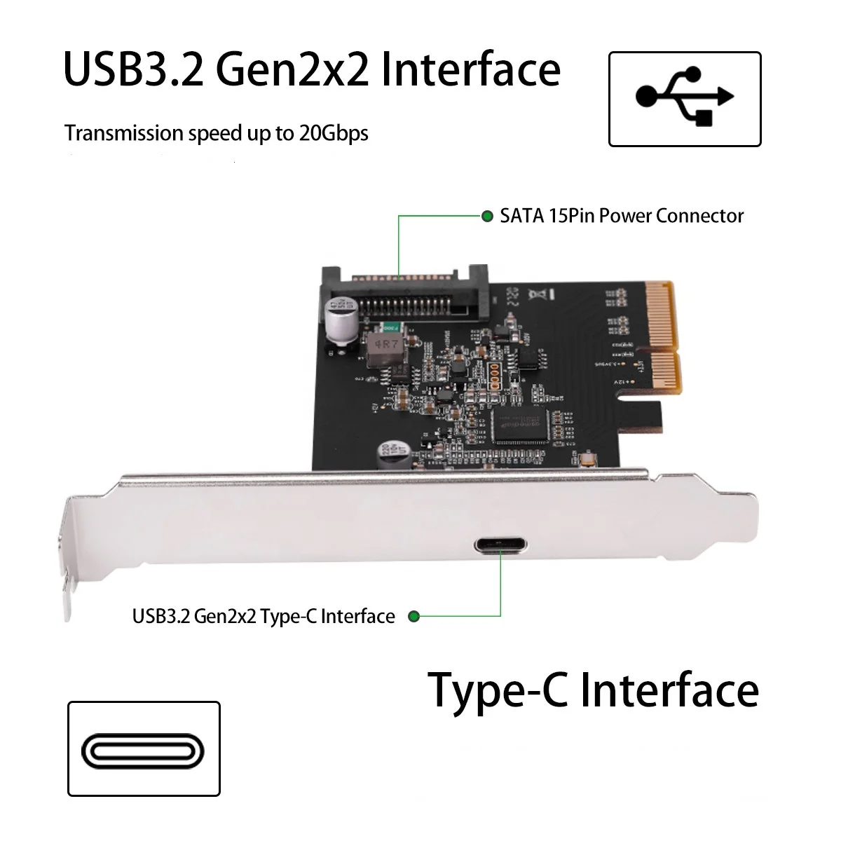 PCIe x4 to USB3.2 gen2 x2 Type-C superspeed USB 20Gbps host controller card