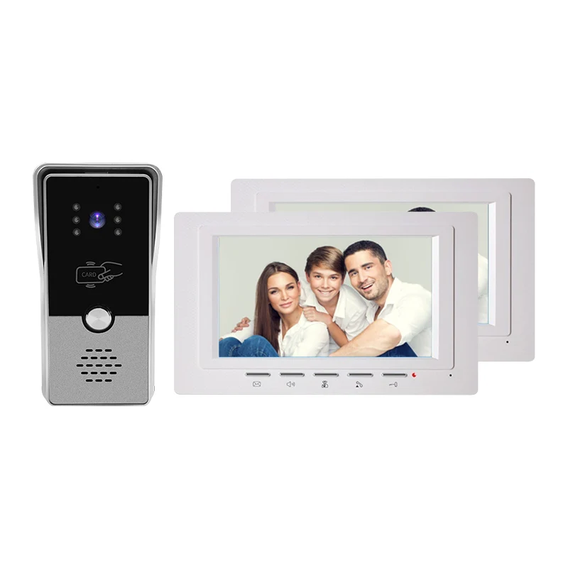 Brand new video doorbell 2 monitor 1 outdoor unit wired video door phone system CE certificate one-key unlocking by swiping card