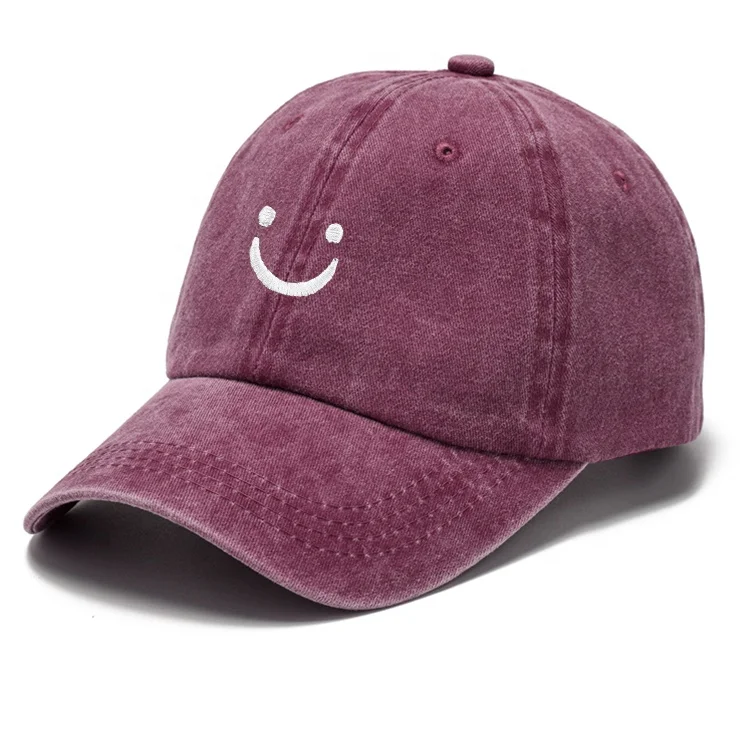 Wholesale Custom Print Smile Face Logo Baseball Cap Smiling Vintage Distressed Cotton Gorras Dad Hat Adjustable For Women Men