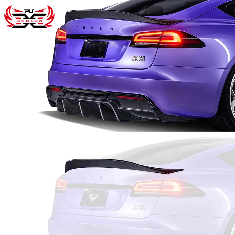 High Quality Dry Carbon Fiber V Swan Neck Wing for Tesla Newest Model S 2022-2023 Trunk Spoiler Lip Splitter Diffuser Body Kit