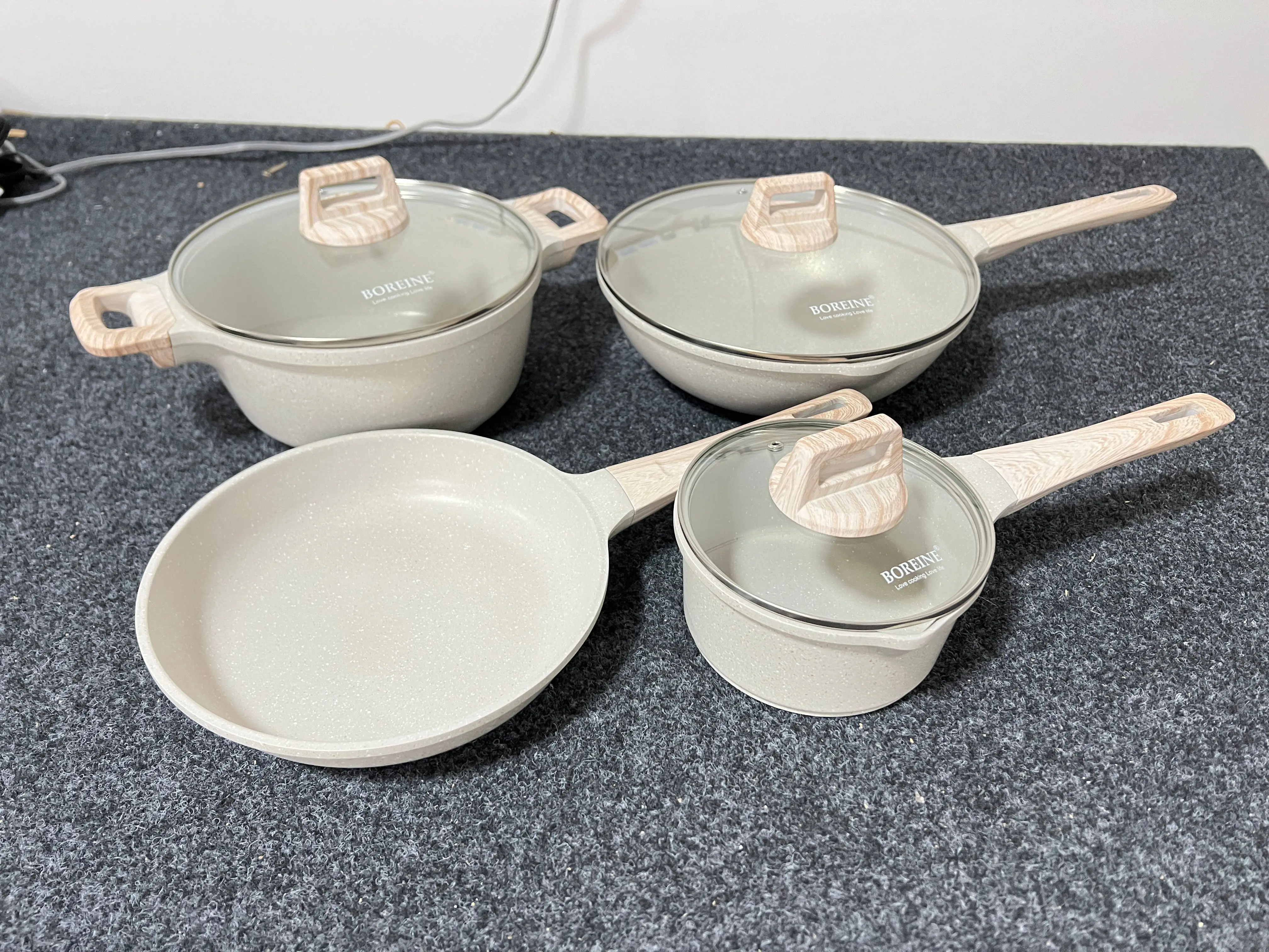 7-Piece Beige Granite Non-Stick Induction Cookware Set with Glass Cover Wooden Handle Die-Cast Aluminium Pots Oil Required
