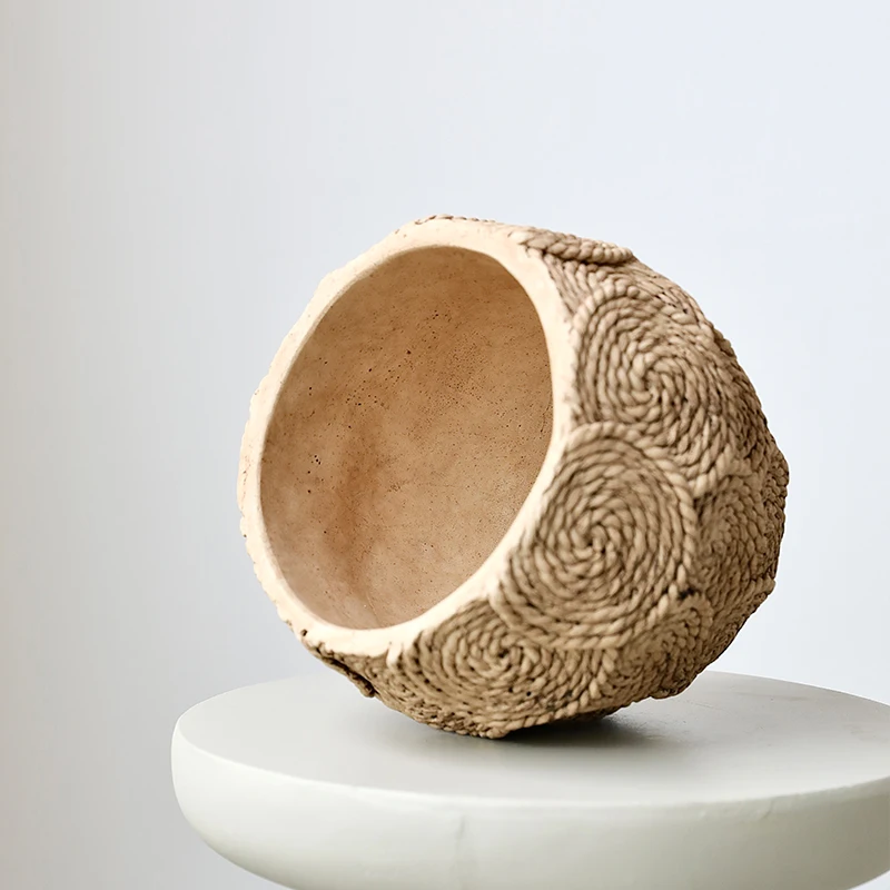 Retro Style Bamboo Weaving Garden Outdoor Decor Cement Bonsai Flowerpot Concrete Flower Pot with Drainage Hole