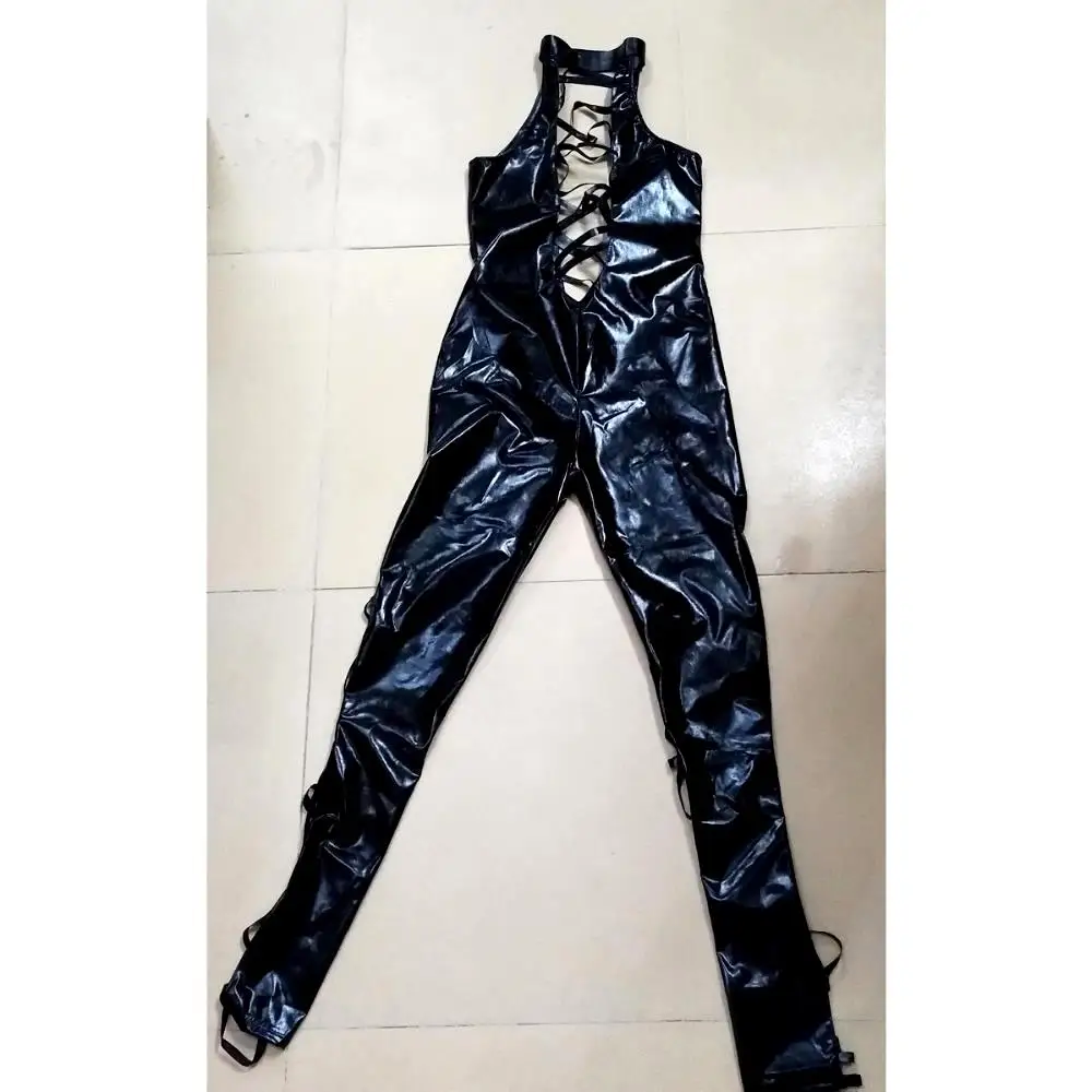 MOGlovers Women PVC Catsuit Black  Hollow out PU Leather Bodysuit Sexy Club Wear Hot Erotic Pole Dance Costumes