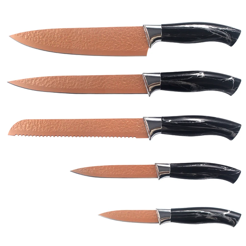 5PCS kitchen knife set and Hammered blade with copper metal coating