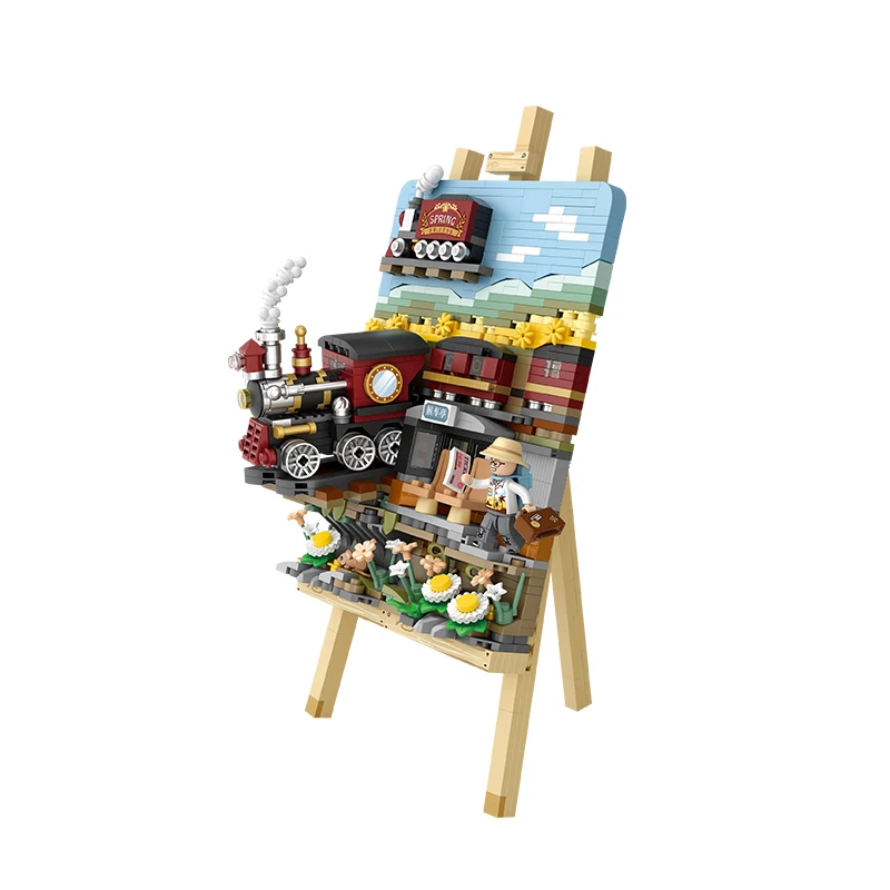 LOZ1296 Spring Train 3D Drawing Small Particle Building Block Assembly Toy Gift Decoration Handmade Assembly