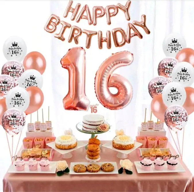 16th Birthday Party Decorations Heart Cake Topper  Birthday Sweet Rose gold Confetti Balloons 16th Birthday Party Supplies