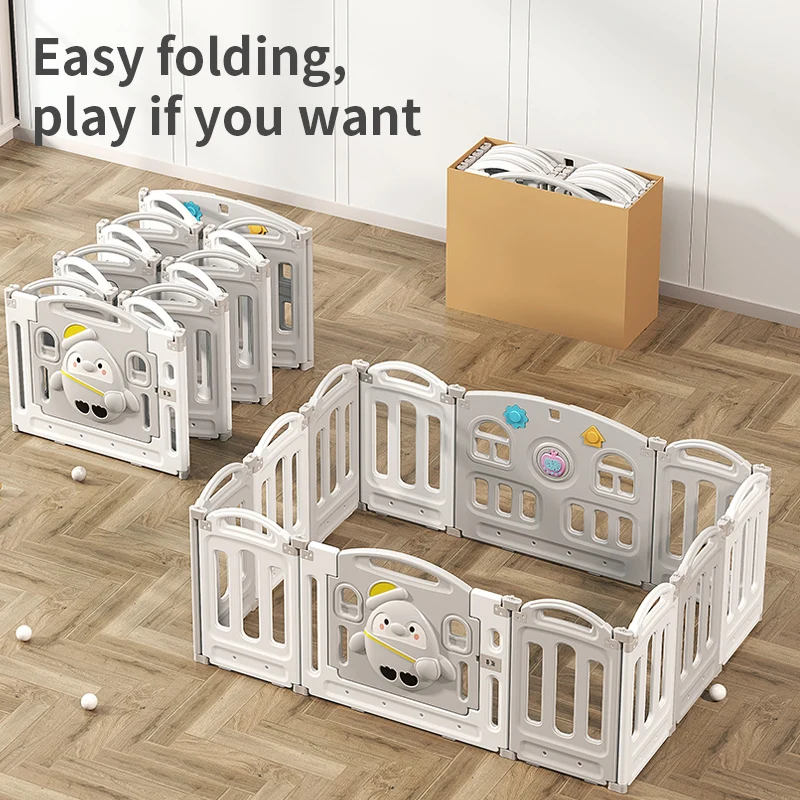 Penguin grey and white plastic foldable safe playgrounds, indoor playpens for babies and children, kid playpen