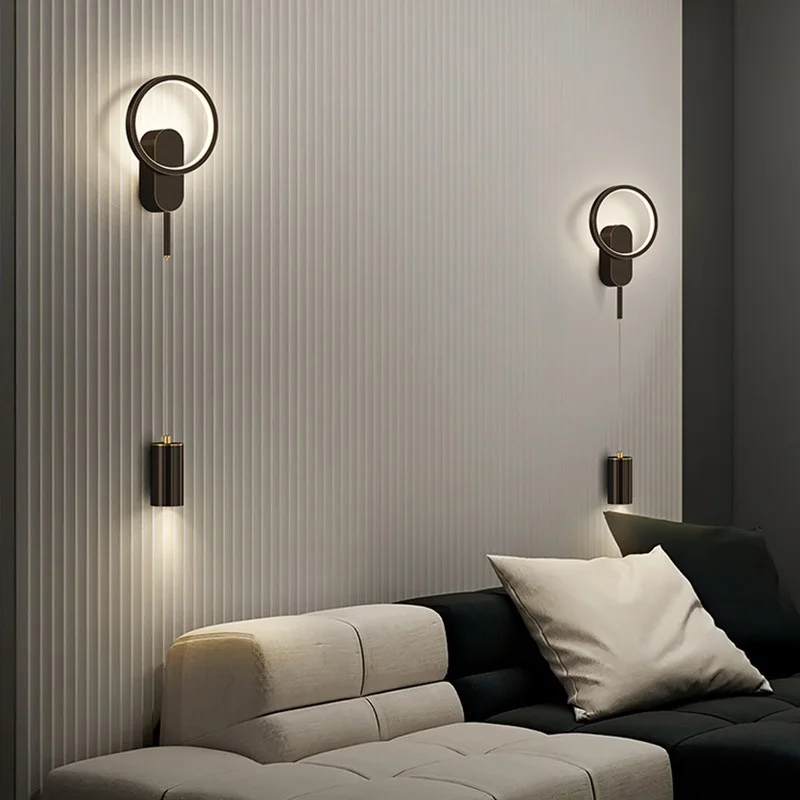 Modern Minimalist LED Wall Light Black Gold Bedroom Wall Lamp with Gold Backdrop for Hallway Living Room or Aisle