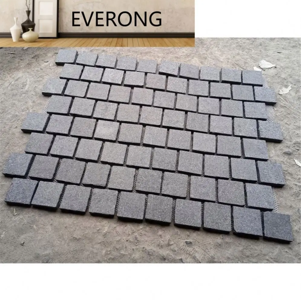 Cheap Black G684 Granite Cube Brick Pattern Flamed Surface Natural Split Edge Plaza Paving Stone Pavers Mesh Cobblestone