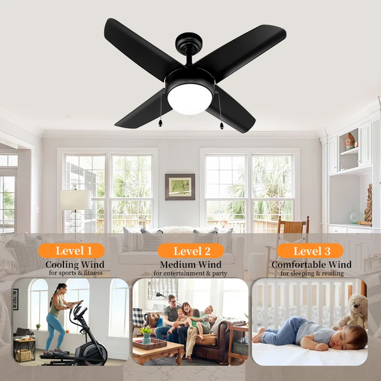 Home Appliance 4 Blades 36 Inch Mini Ceiling Fans Soundless AC Pull Chain Black Decorative Living Room Ceiling Fan