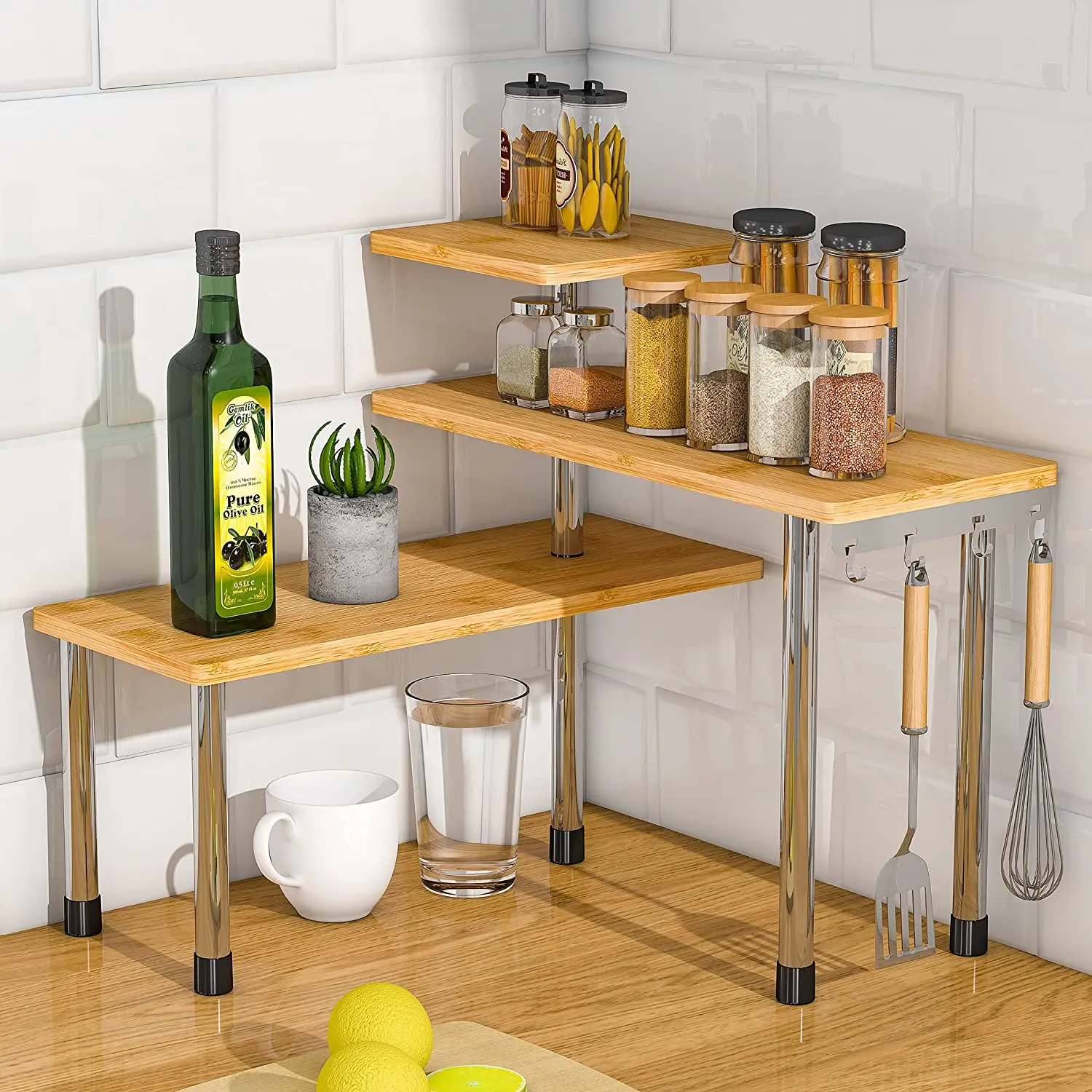 Kitchen Countertop Organizer Corner Shelf - 3 Tier Bathroom Storage Display Counter Shelves Bamboo Spice Rack Desk Bookshelf