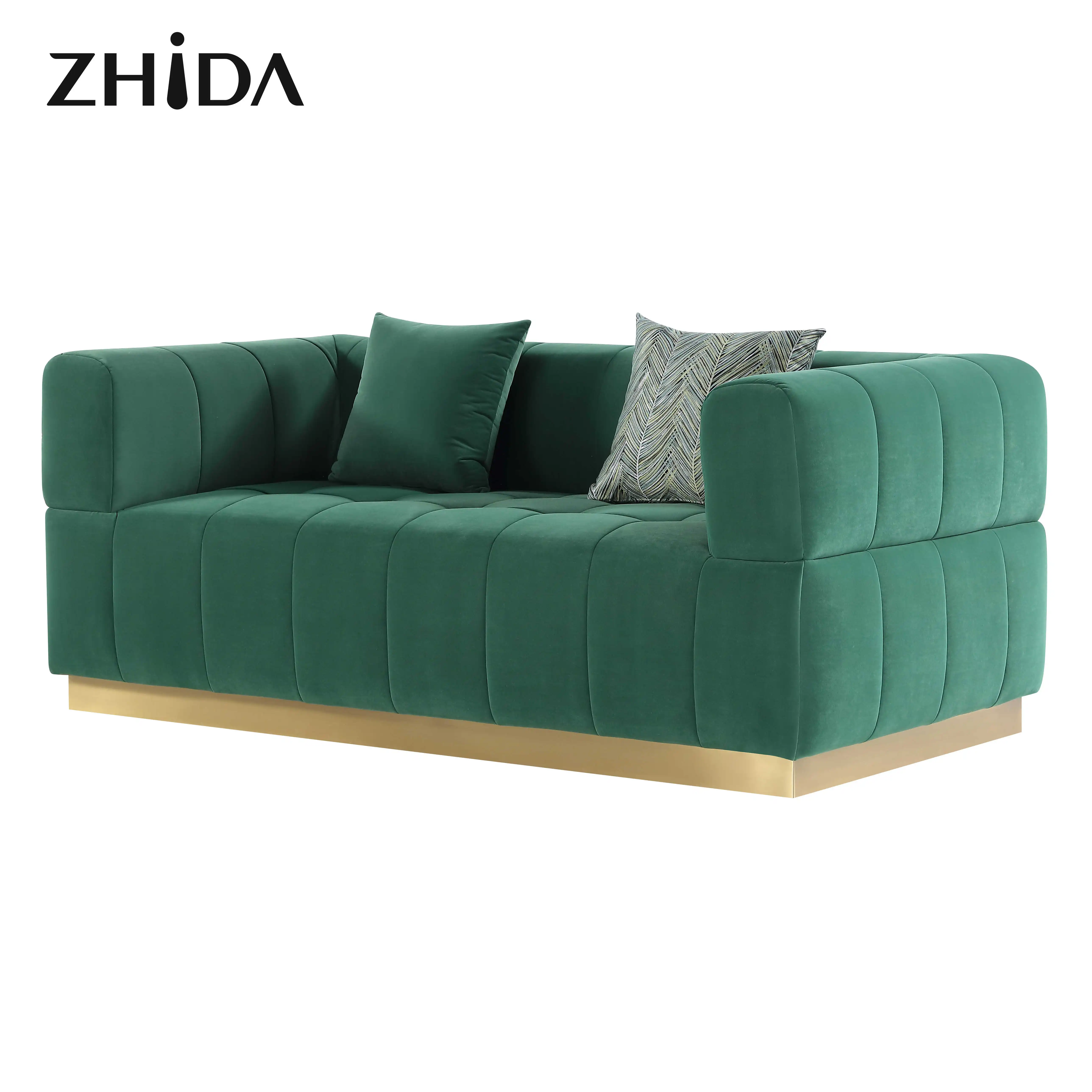 Zhida Hot sale home furniture Italian luxury designed 2 3 4 seat sofa set furniture living room velvet sofa with gold leg