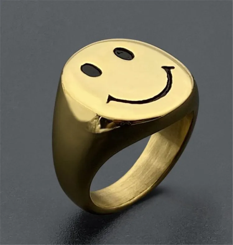  Streetwear Stainless Steel Smiley Face Ring Chunky Gold Silver