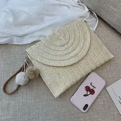 Best Selling Fashion Pompom Straw Clutch Women Handmade Straw Crossbody Bag Summer Beach Envelope Purse Wallet