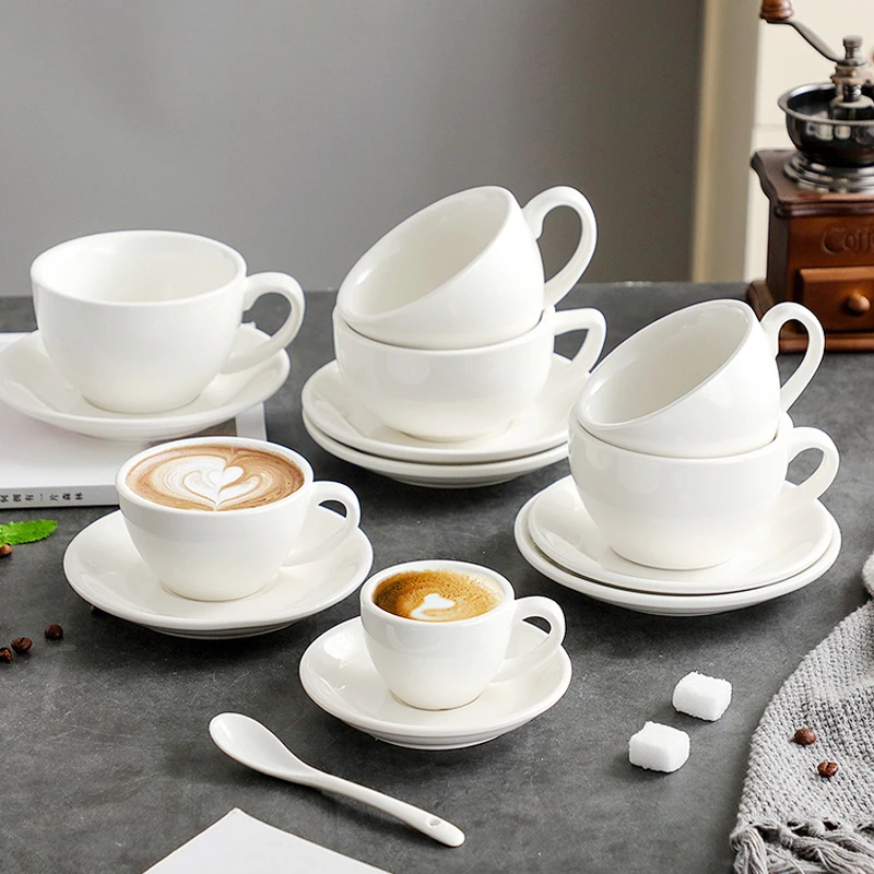 Professional Pure White Ceramic Coffee Cup Dish Set Latte Cappuccino Mugs