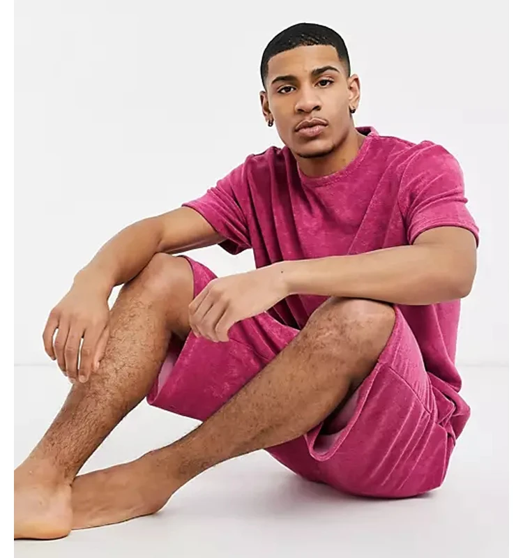 Casual New plain tee shirt and shorts set pajama lougewear drawstring t shirt short sets velvet two piece short set men