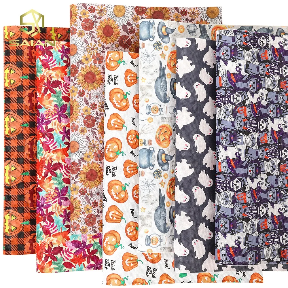 Custom Colorful Halloween Pumpkin Series Printed Ghost Halloween Theme Printed Vinyl Faux Leather Sheets For Bags Bows Earrings