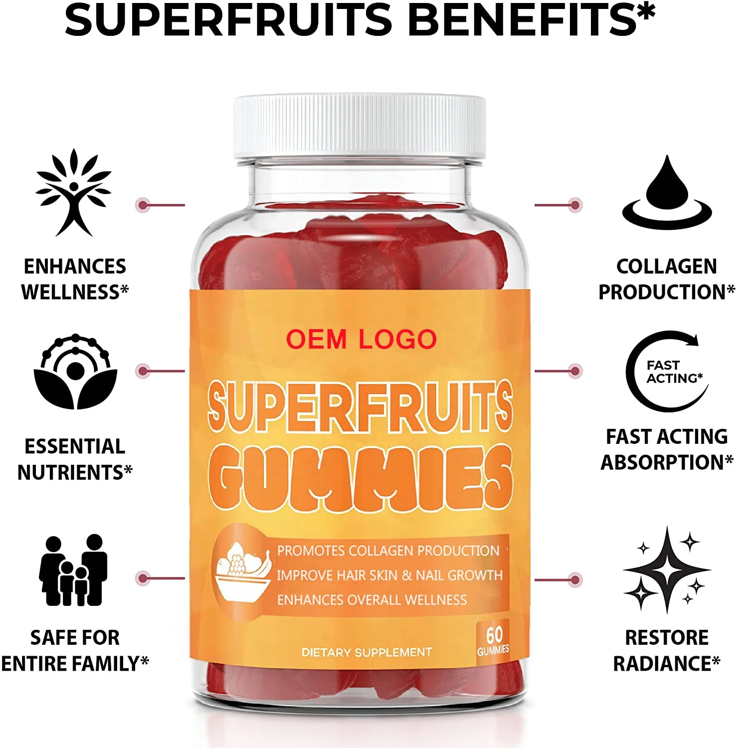 Vegan SuperFruits Gummies with Biotin Vitamins for Collagen Formation for Hair Skin Nails Wrinkles Available in Capsule Powder