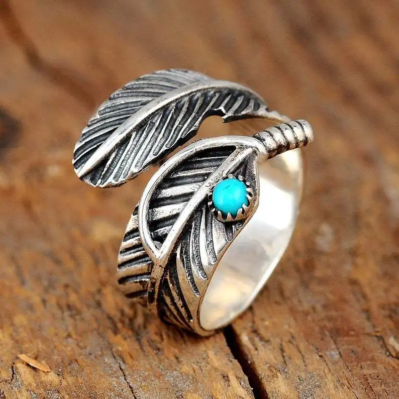 Bohemian Classic Unique Adjustable Feather Turquoise Rings