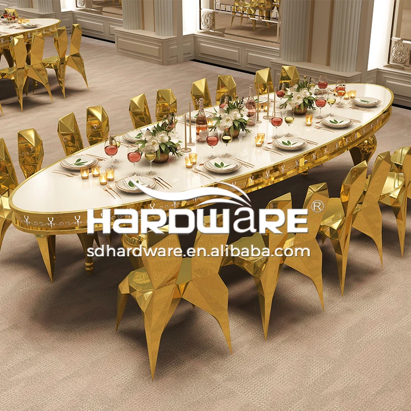 Stainless steel frame white mdf top oval wedding restaurant furniture table