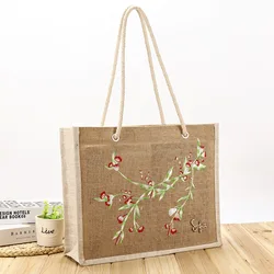 YIMYIK Natural Burlap Handbag Embroidered Printed Jute Bag with Reusable Jute Bag Laminated Handle